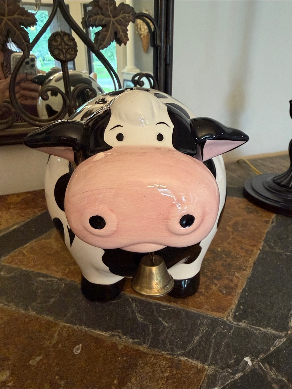 Ceramic Cow Piggie Bank Figurine with Bell - Black & White with Pink Muzzle